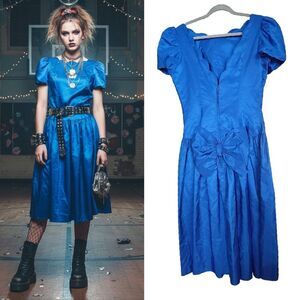 VTG 80s Blue Short Puff Sleeves Bow Back Tafetta Prom Dress Fits like Med